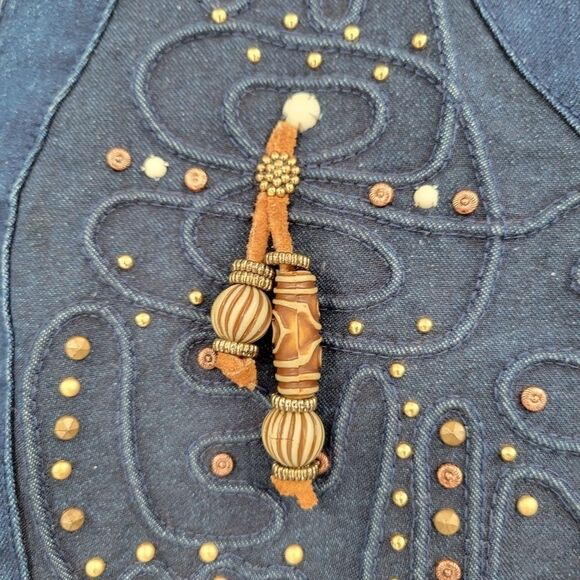 Monique Fashions Denim Jean Boho Vintage Studded Beaded Fringe Vest Western - Picture 2 of 10